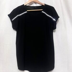 Womens Black Short Sleeve Rhinestone Embellished Top Blouse NYE Fashion Sz M